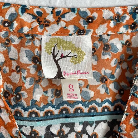 Fig and Flower Orange Blue Floral Blouse Pleated Bib Fall Peasant Boho - Picture 3 of 5